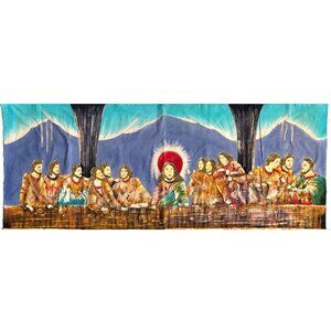 The Last Supper Batik Fabric Art Panel large vintage AS IS Jesus Christianity